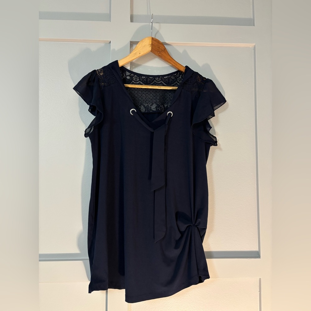 Elegant Navy Ruched Flutter Sleeve Top